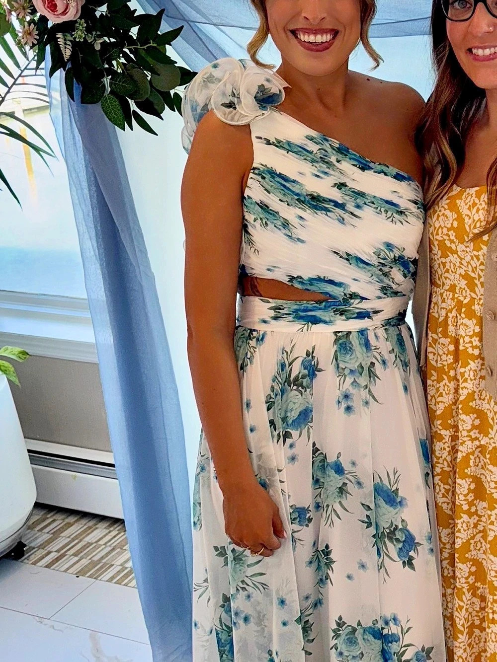 Mac Duggal Floral One-Shoulder Maxi Dress White & Blue
